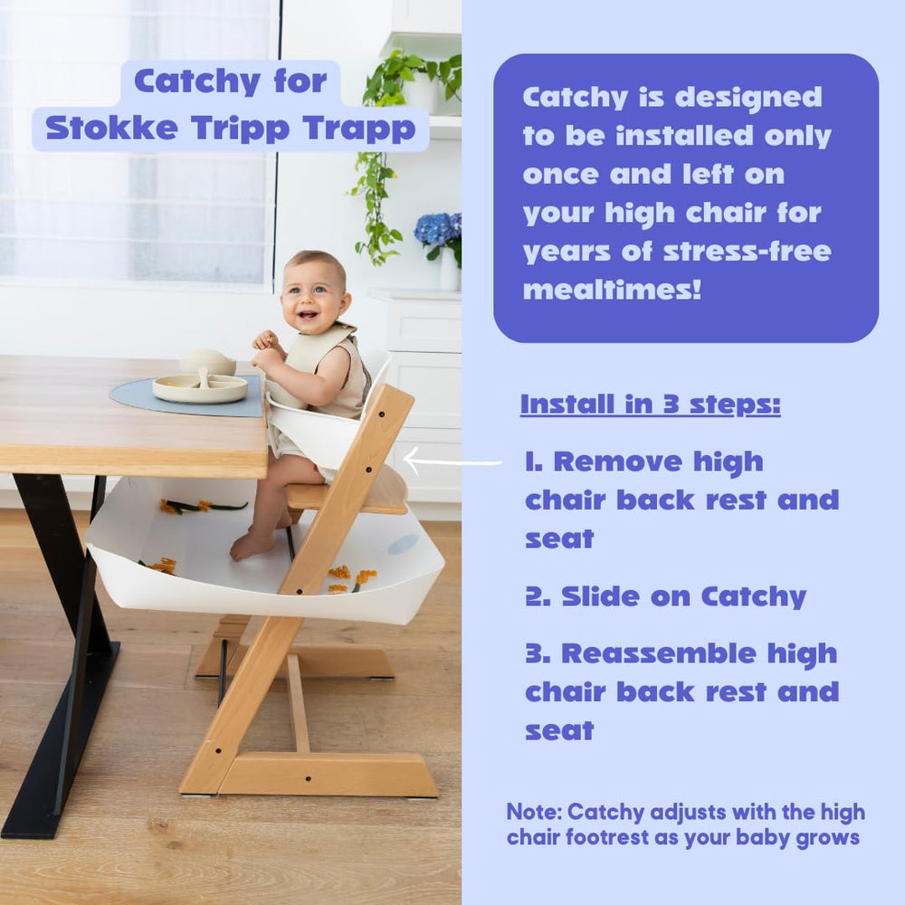 Catchy Food Catcher catching dropped food to reduce waste and floor cleanup time.