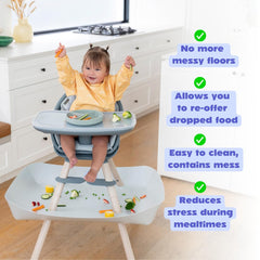 Catchy Food Catcher catches food mess, protecting floors and carpets.