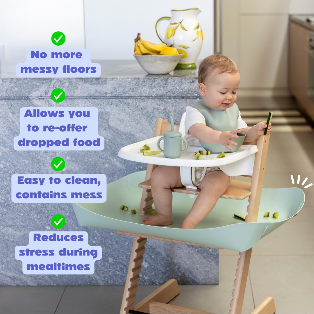 Catchy food catcher demonstrates floor mess containment during meals