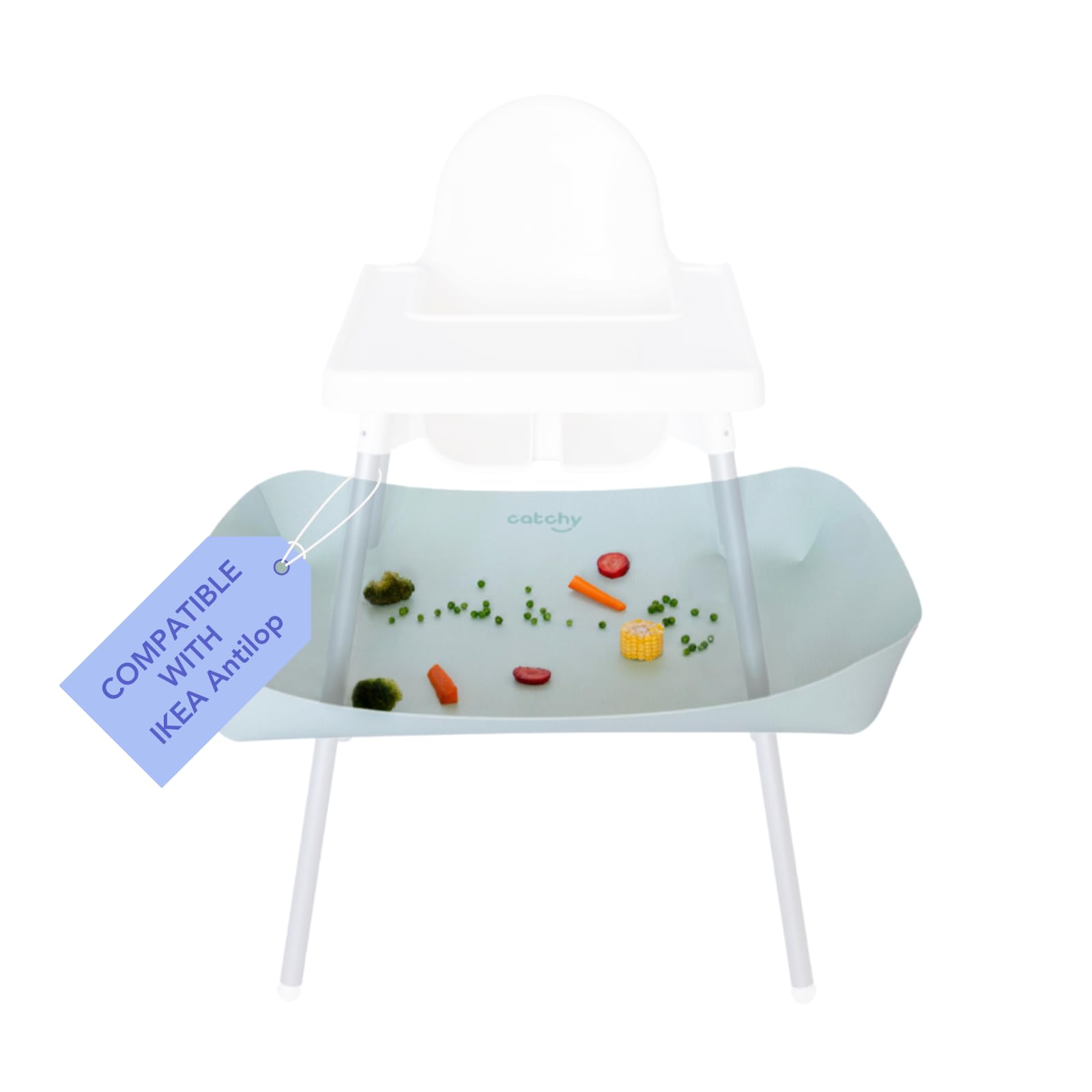 Catchy Food Catcher installed on an IKEA Antilop chair prevents spills.