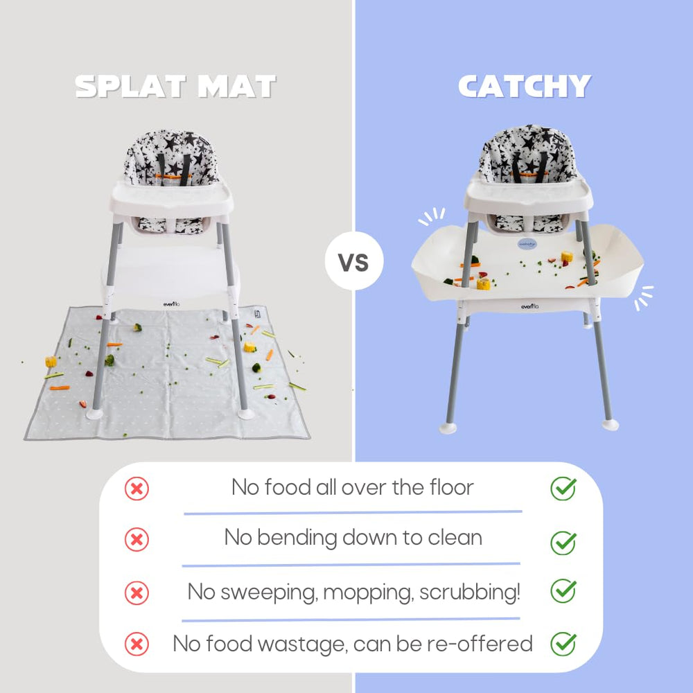 Catchy food catcher installed on Evenflo Eat & Grow high chair during feeding