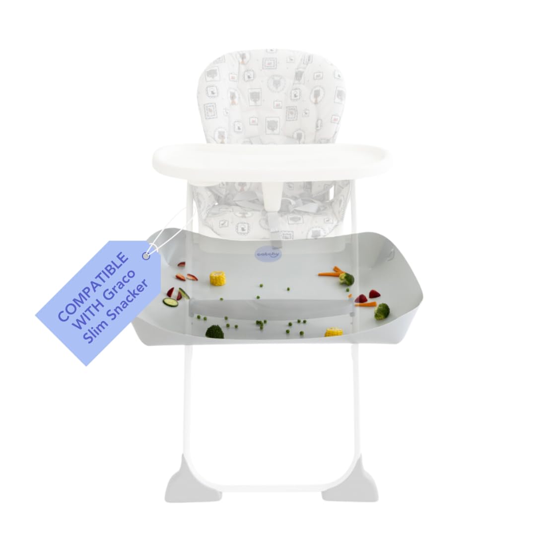 Catchy food catcher on Graco Slim Snacker captures mess during meals, preventing spills