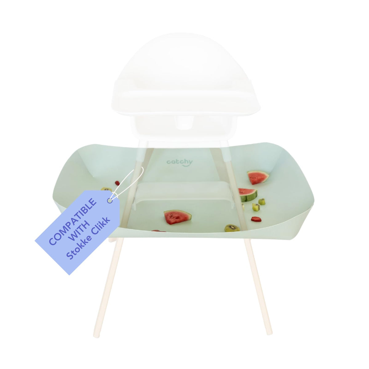 CATCHY Food Catcher on Stokke Clikk fits snugly, reducing meal-time mess