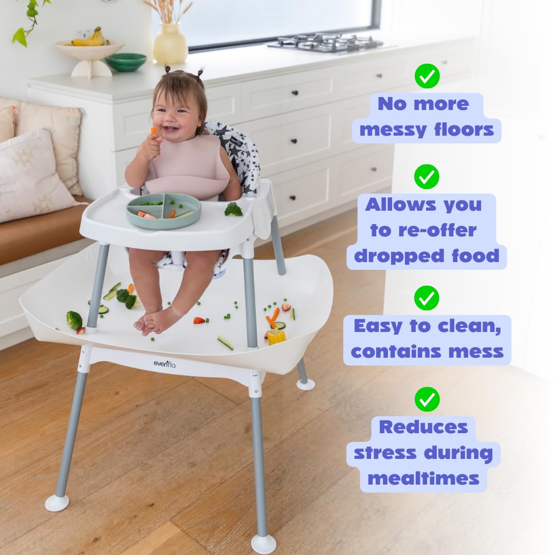 Catchy food catcher installed on Evenflo high chair for mess control