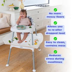 Catchy food catcher installed on Evenflo high chair for mess control