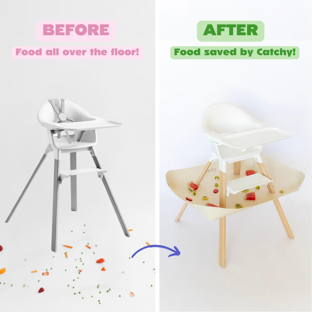 Catchy Food Catcher complements premium linen-inspired colors for a tidy high-chair setup.