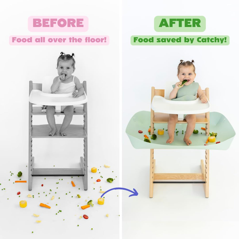 Catchy under-high-chair accessory ready to catch spills during meals