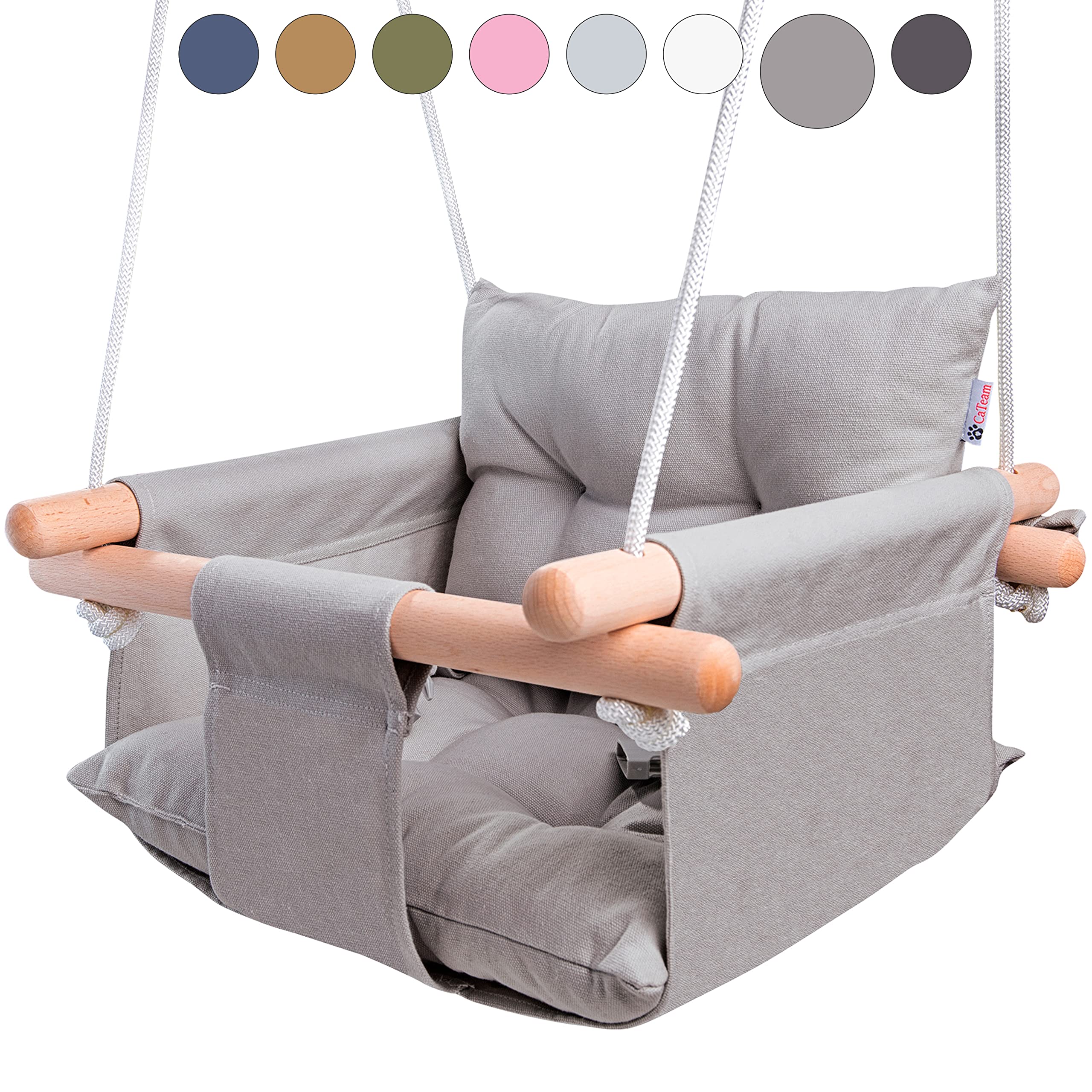 Cateam canvas baby swing seat showing a secure, cozy indoor setup.
