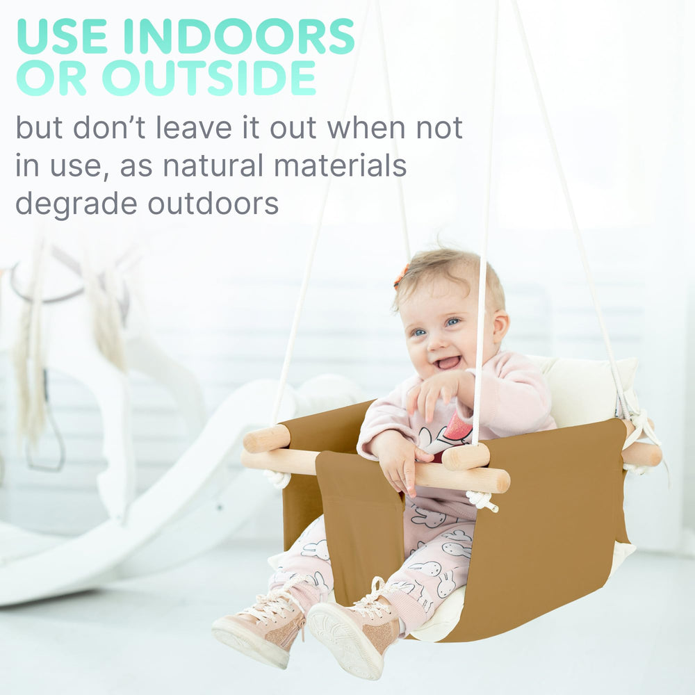 Cateam ochre-colored swing seat adds warm aesthetic to cozy kids’ spaces.