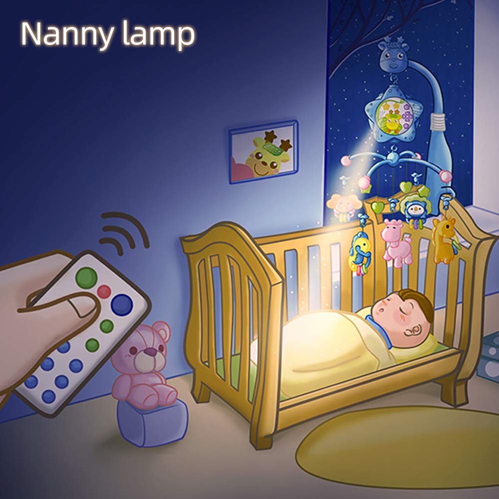 Caterbee blue-forest theme mobile adds soft ambient lighting to nursery