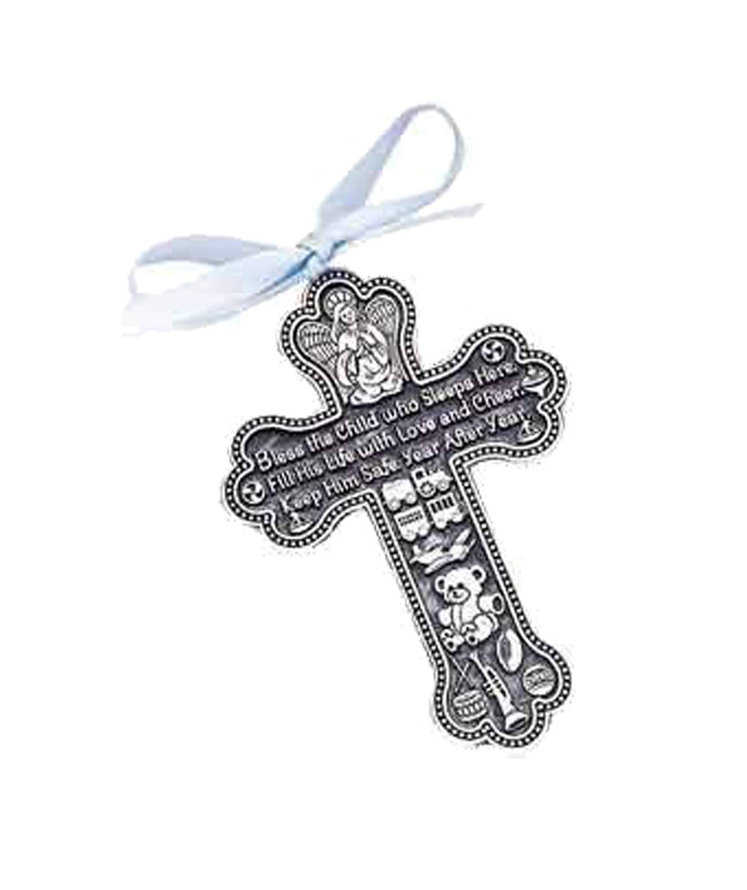 Cathedral Art Bless The Child Guardian Angel pewter medal with blue ribbon, perfect baby christening keepsake