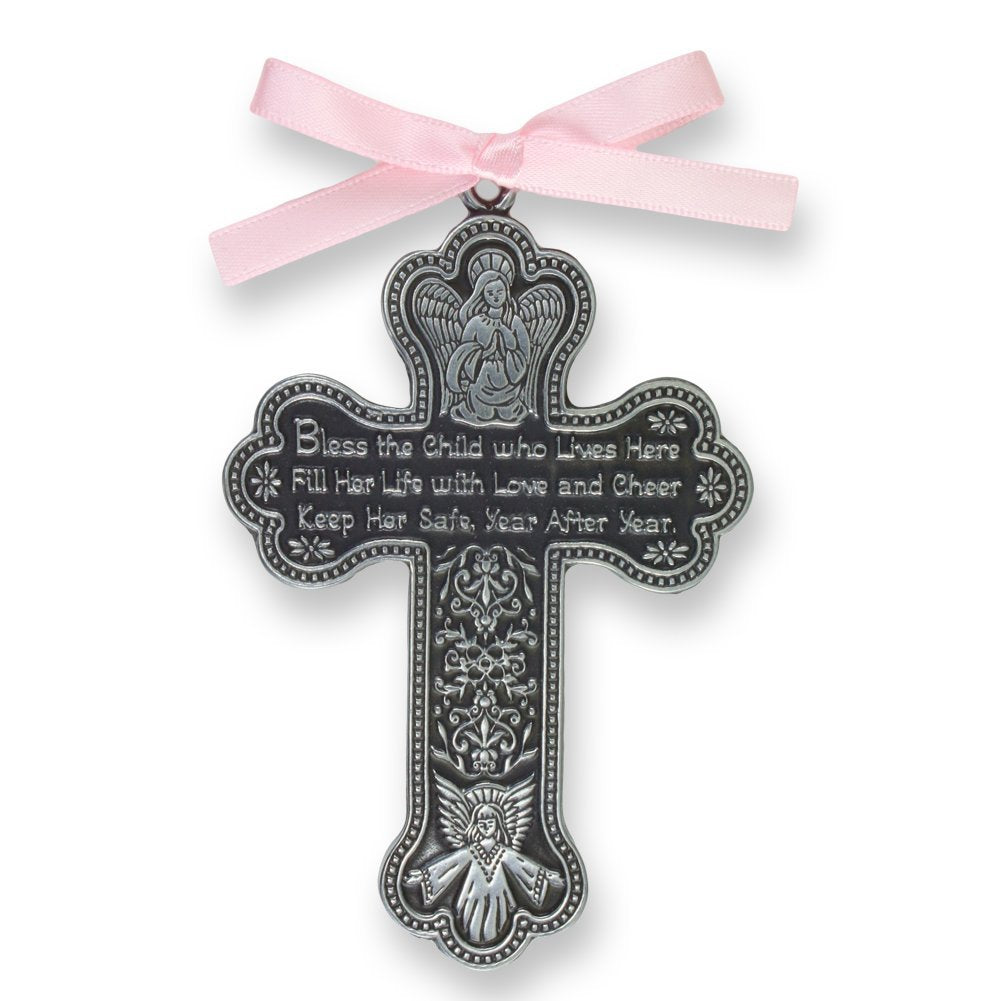 Cathedral Art CM7 cross crib medal closeup with silver finish and blessing text.