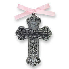 Cathedral Art CM7 cross crib medal closeup with silver finish and blessing text.