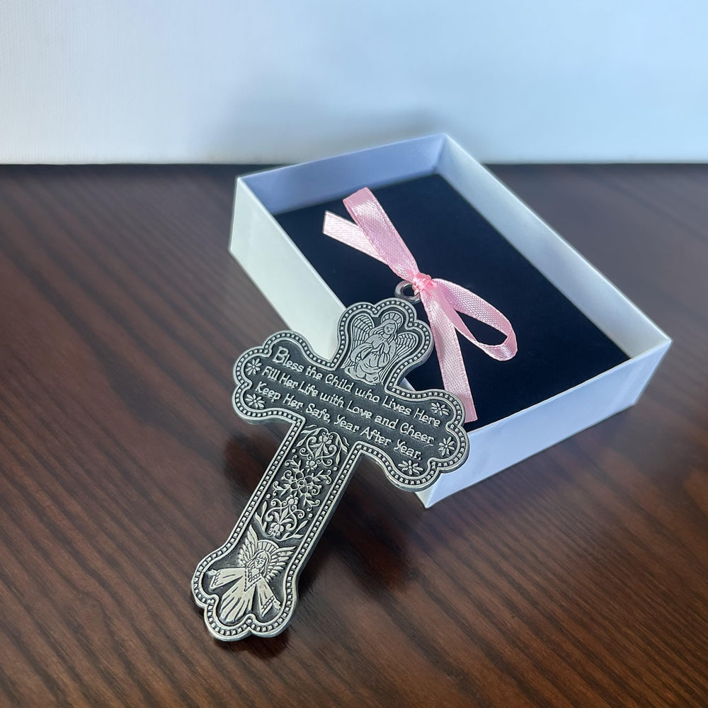Cathederal Art CM7 cross crib medal silver finish highlights guardian angel design.