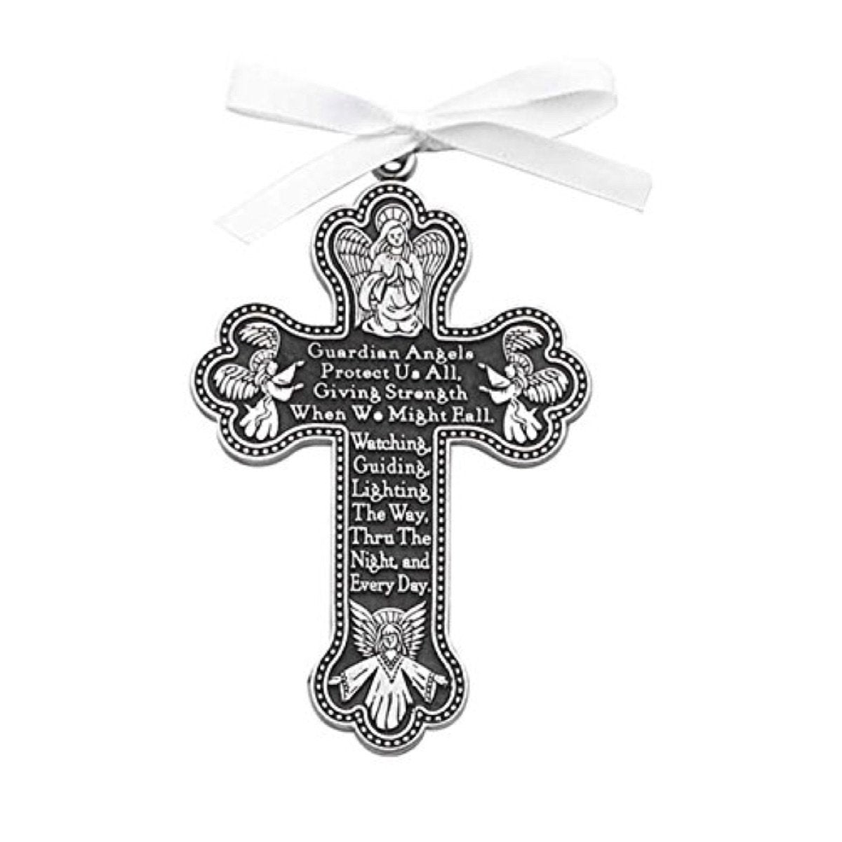 Cathedral Art Guardian Angel crib cross in pewter with white ribbon for christening keepsake.