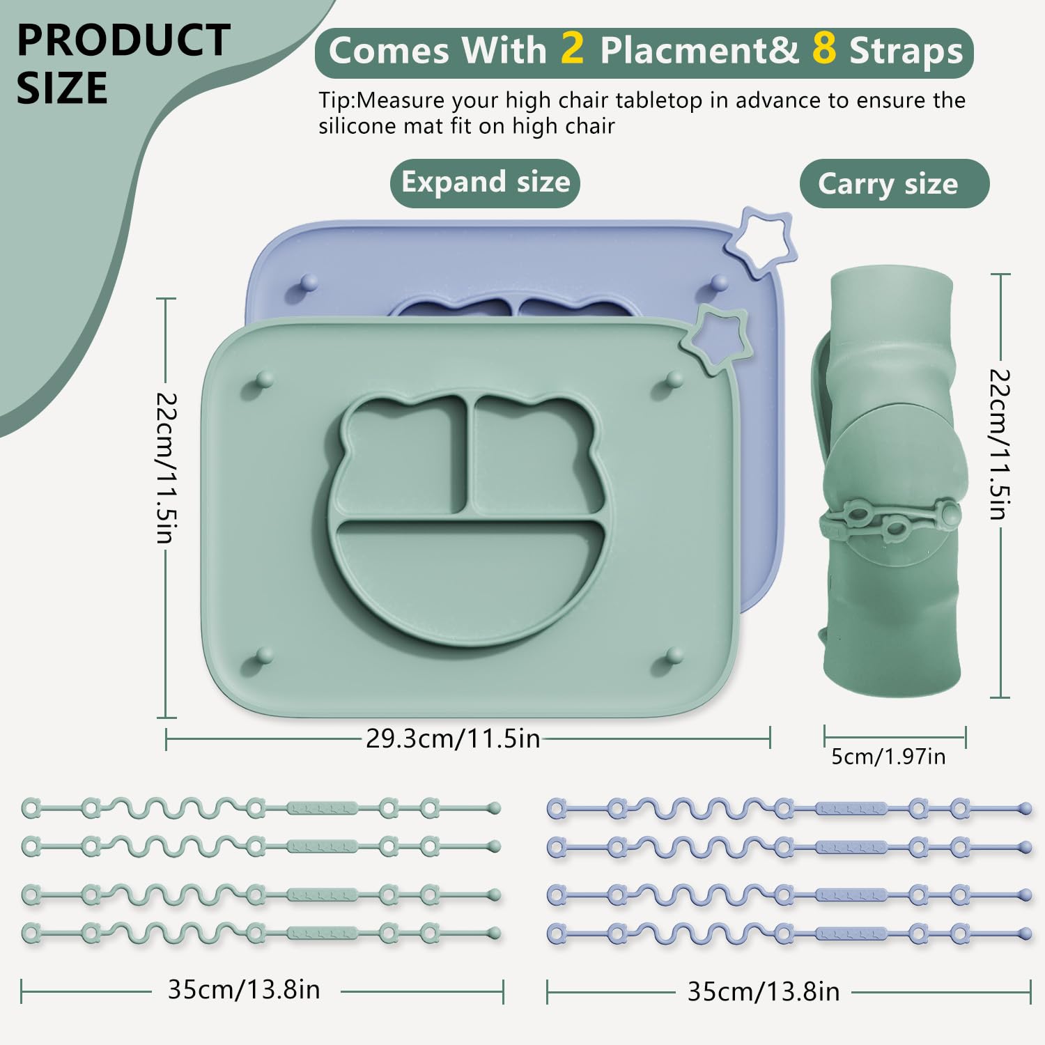 Cathill placemats feature anti-drop straps to keep pacifiers within reach.