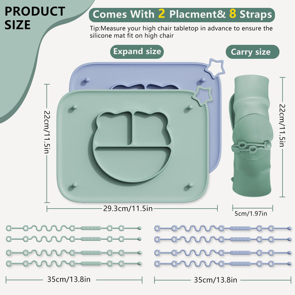 Cathill placemats feature anti-drop straps to keep pacifiers within reach.