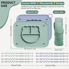 Cathill placemats feature anti-drop straps to keep pacifiers within reach.
