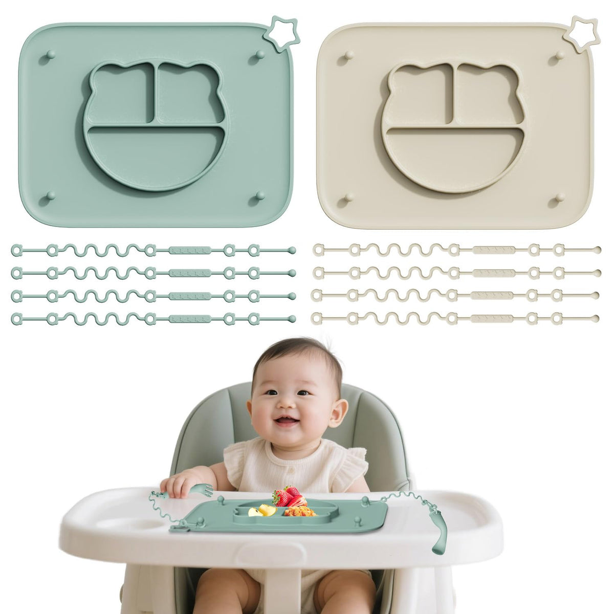 Cathill 2-pack silicone baby placemats with suction cups secure meals on surfaces.