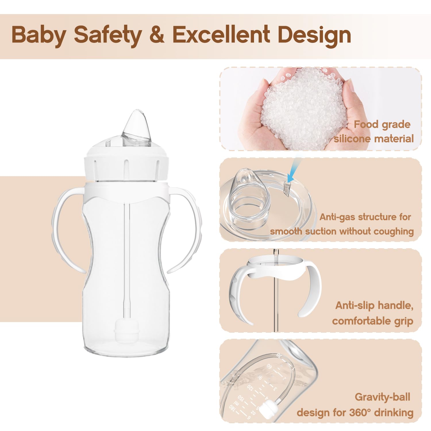 Cathill ergonomic baby handles provide secure grasp for tiny hands and confident sipping.