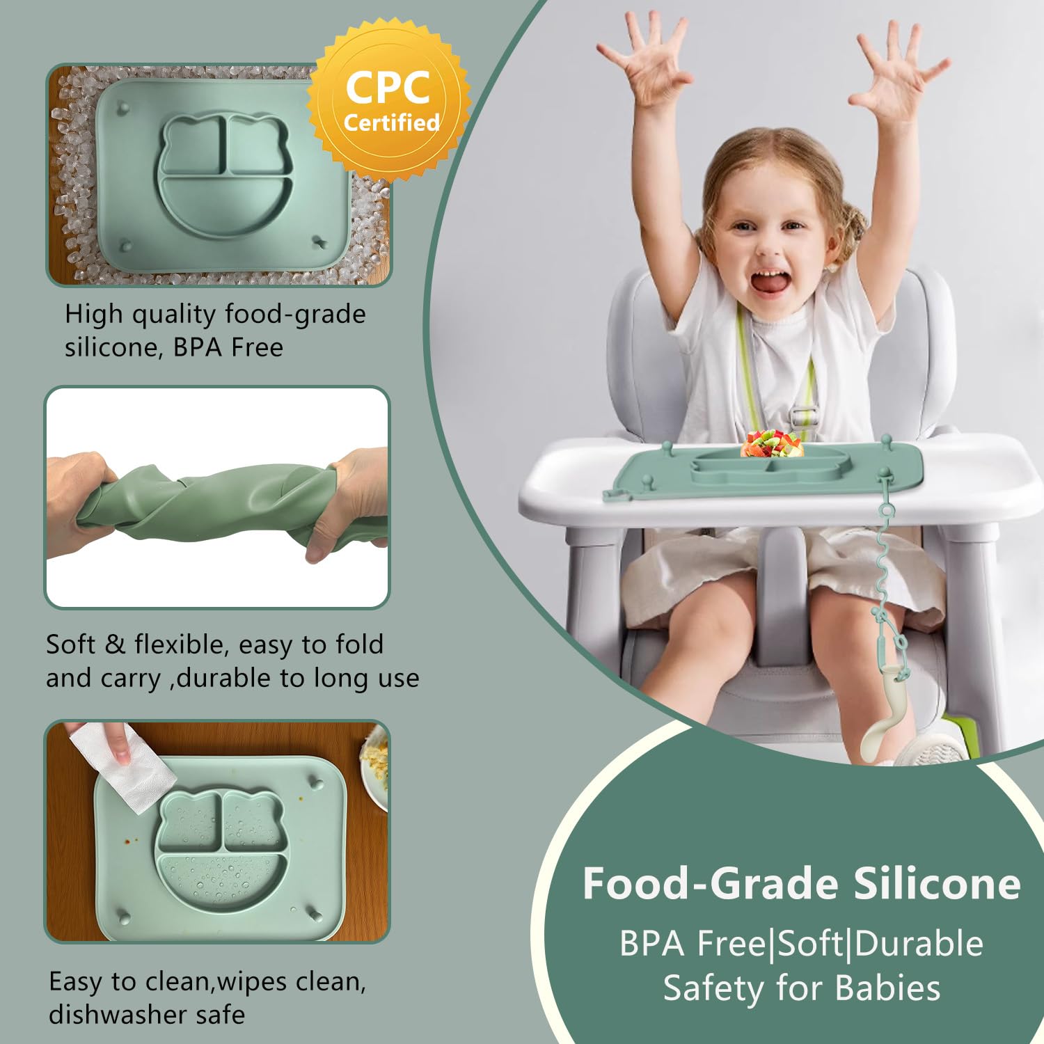 Cathill safe silicone material is durable and BPA-free for dining.