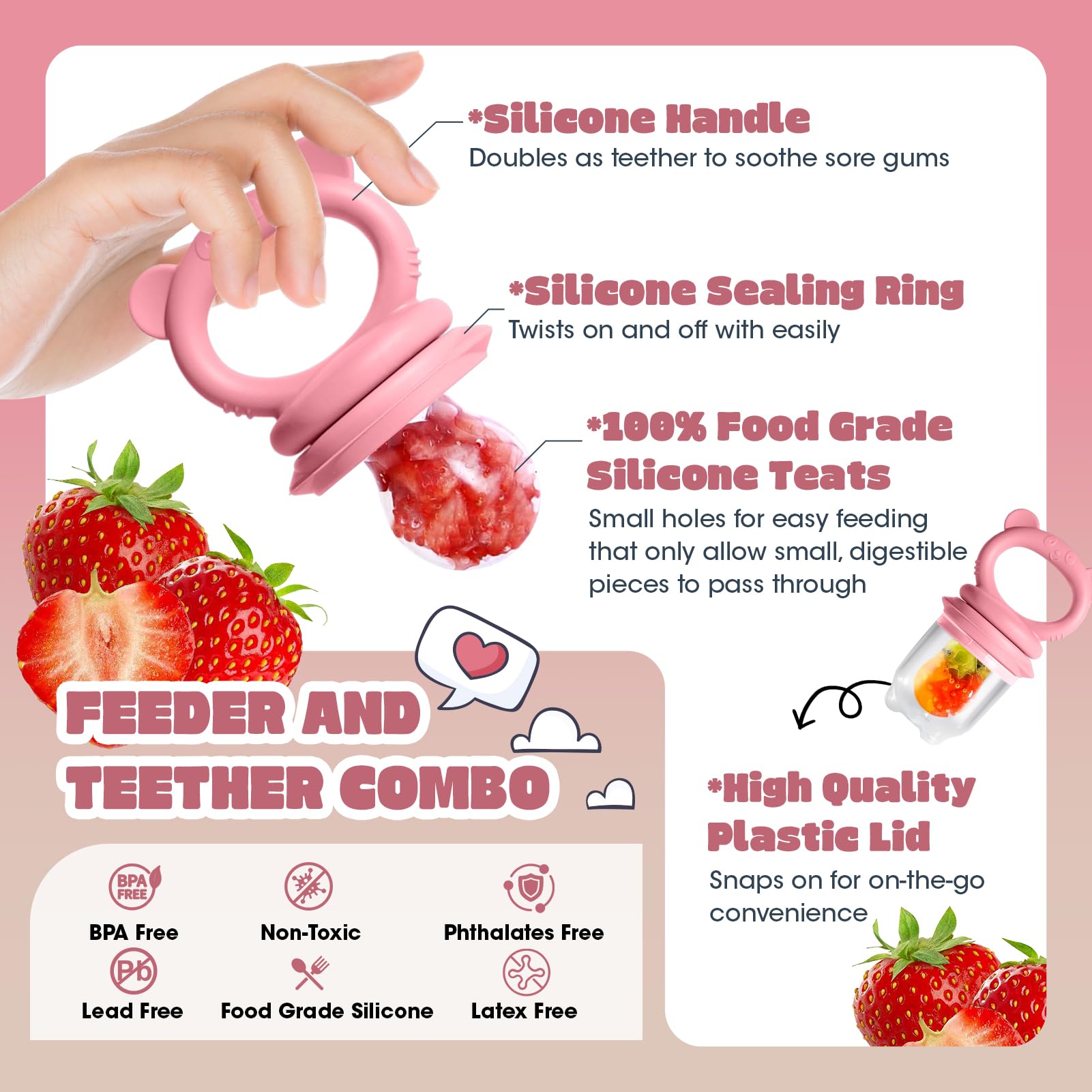 Catvegue silicone feeder handle doubles as teether for soothing gums.