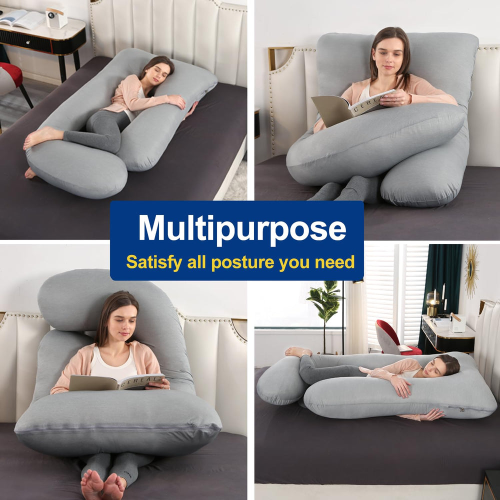 cauzyart pregnancy pillow on bed demonstrates full-body support for back and hip comfort.