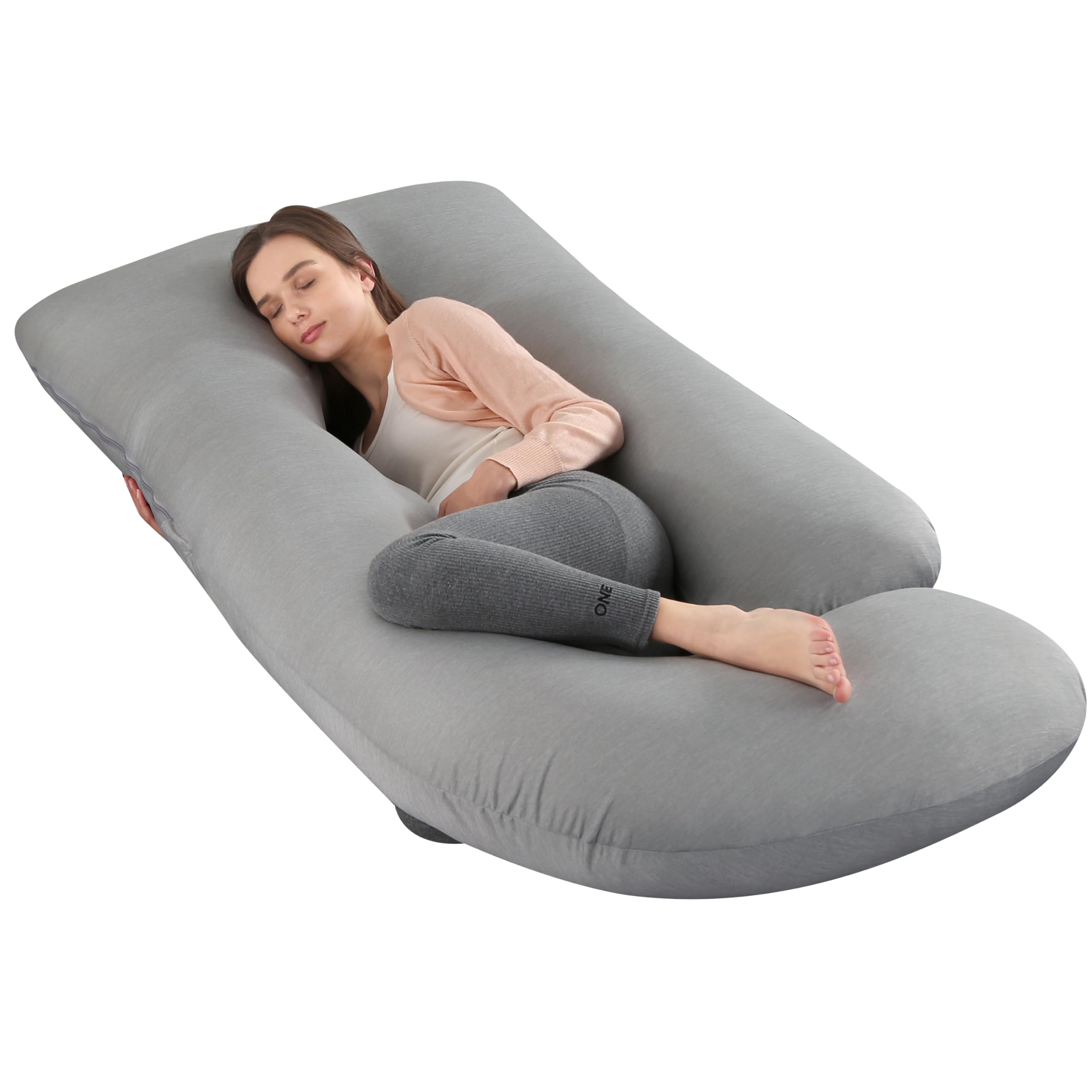 cauzyart U-shaped pregnancy pillow angled view offering full-body support.