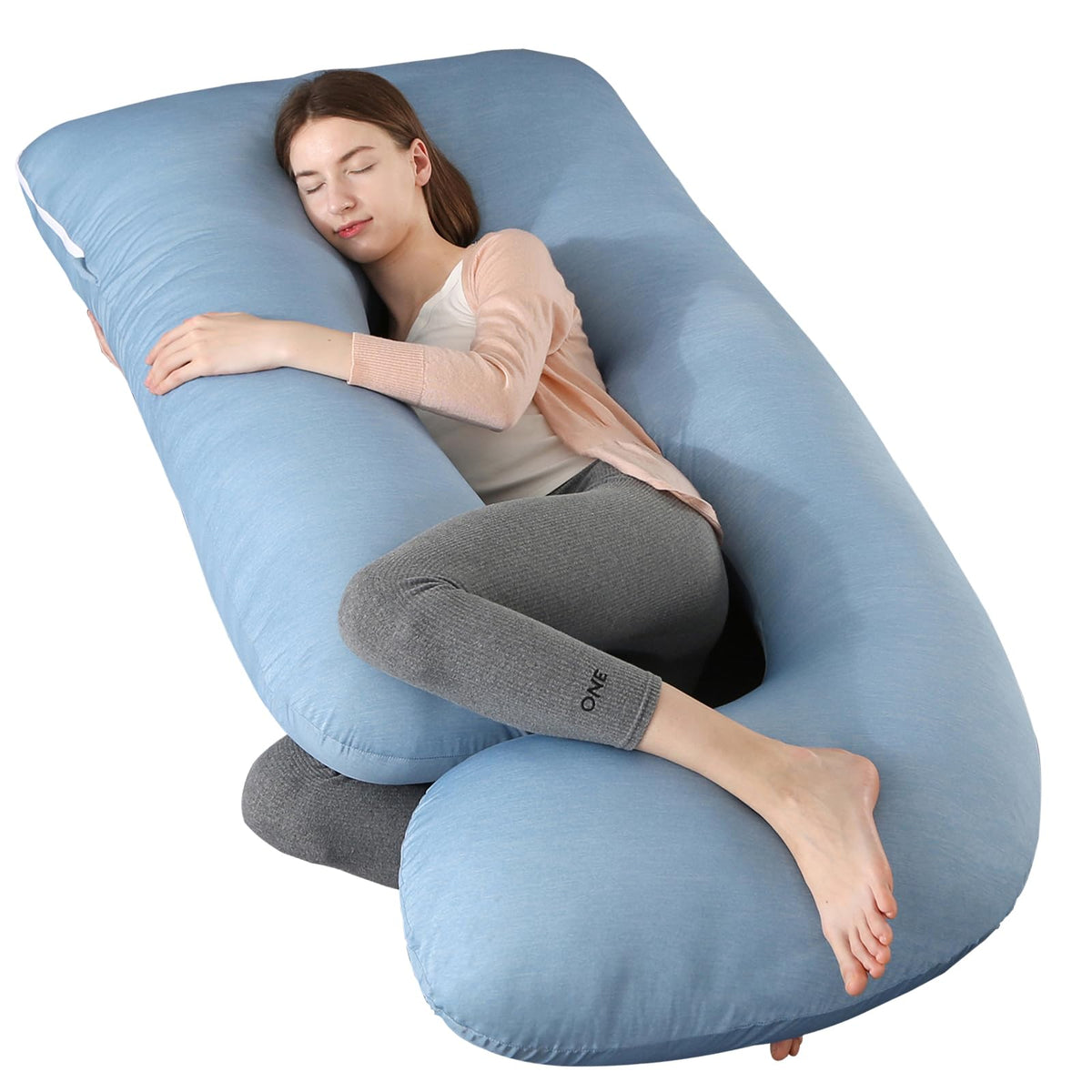 Cauzyart pregnancy pillow U-shaped blue side view illustrating full-body support for comfortable sleep