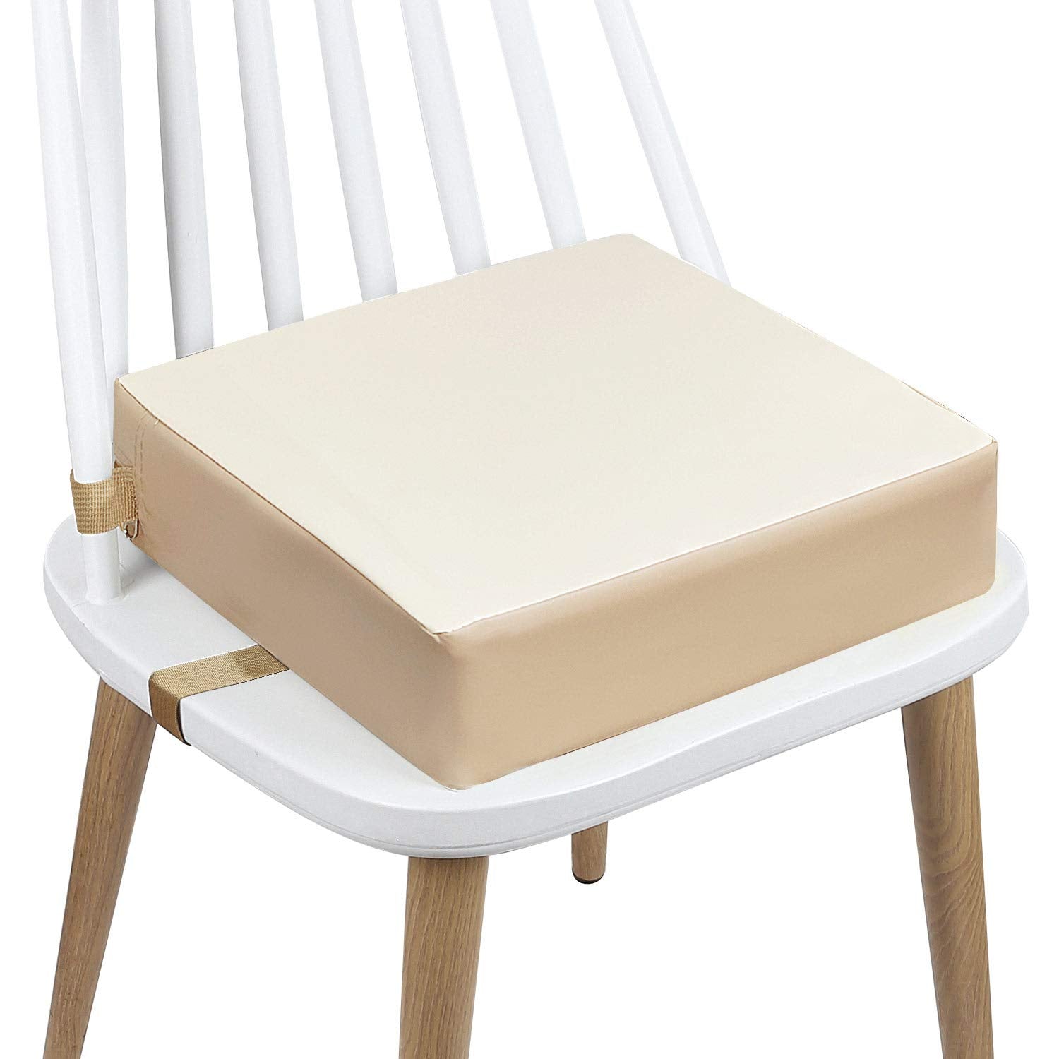 CAVWVTYU toddler booster seat with beige PU cover; easy-clean, durable dining comfort.