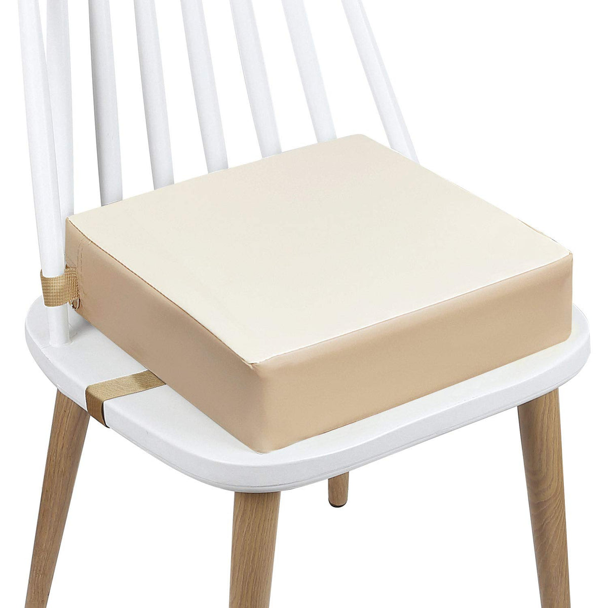 CAVWVTYU toddler booster seat with beige PU cover; easy-clean, durable dining comfort.