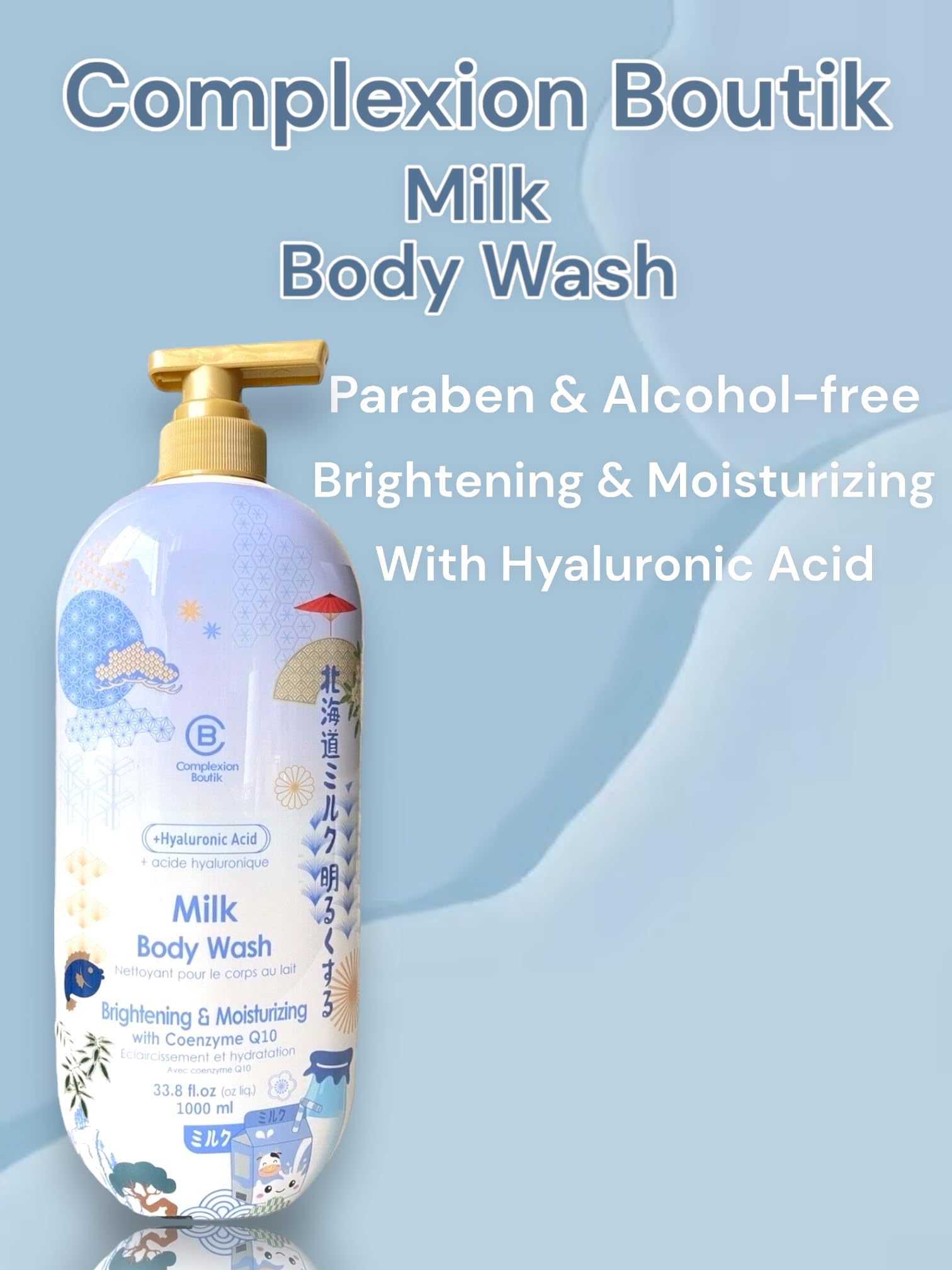 CB Complexion Boutik Milk Body Wash with hyaluronic acid signals deep hydration for supple skin.
