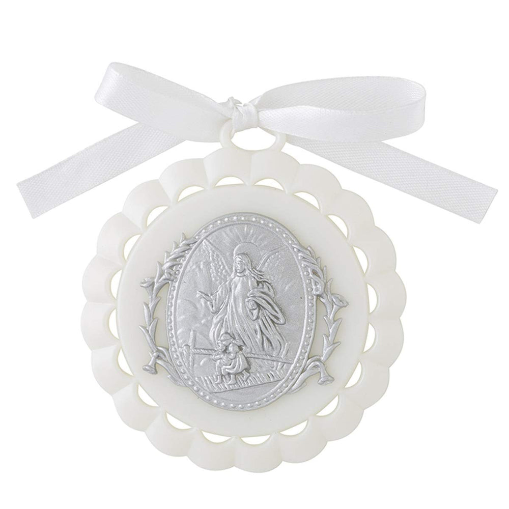 CB moulded crib medal with guardian angel for nursery decor and gentle reassurance.