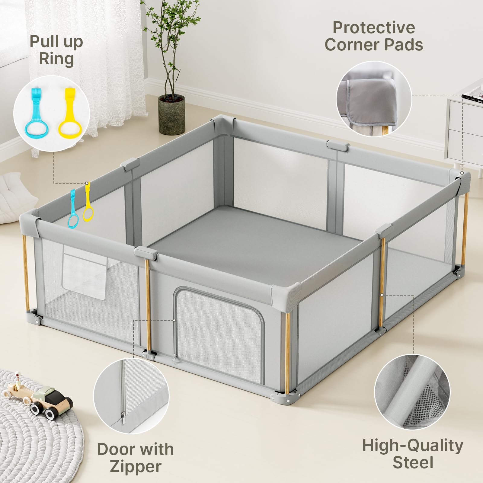Cbcvvaer 360° mesh view of the playpen for clear visibility and airflow.