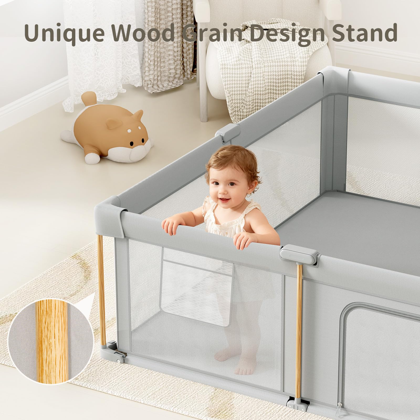 Cbcvvaer wood grain design playpen complements home decor while providing a practical enclosure.