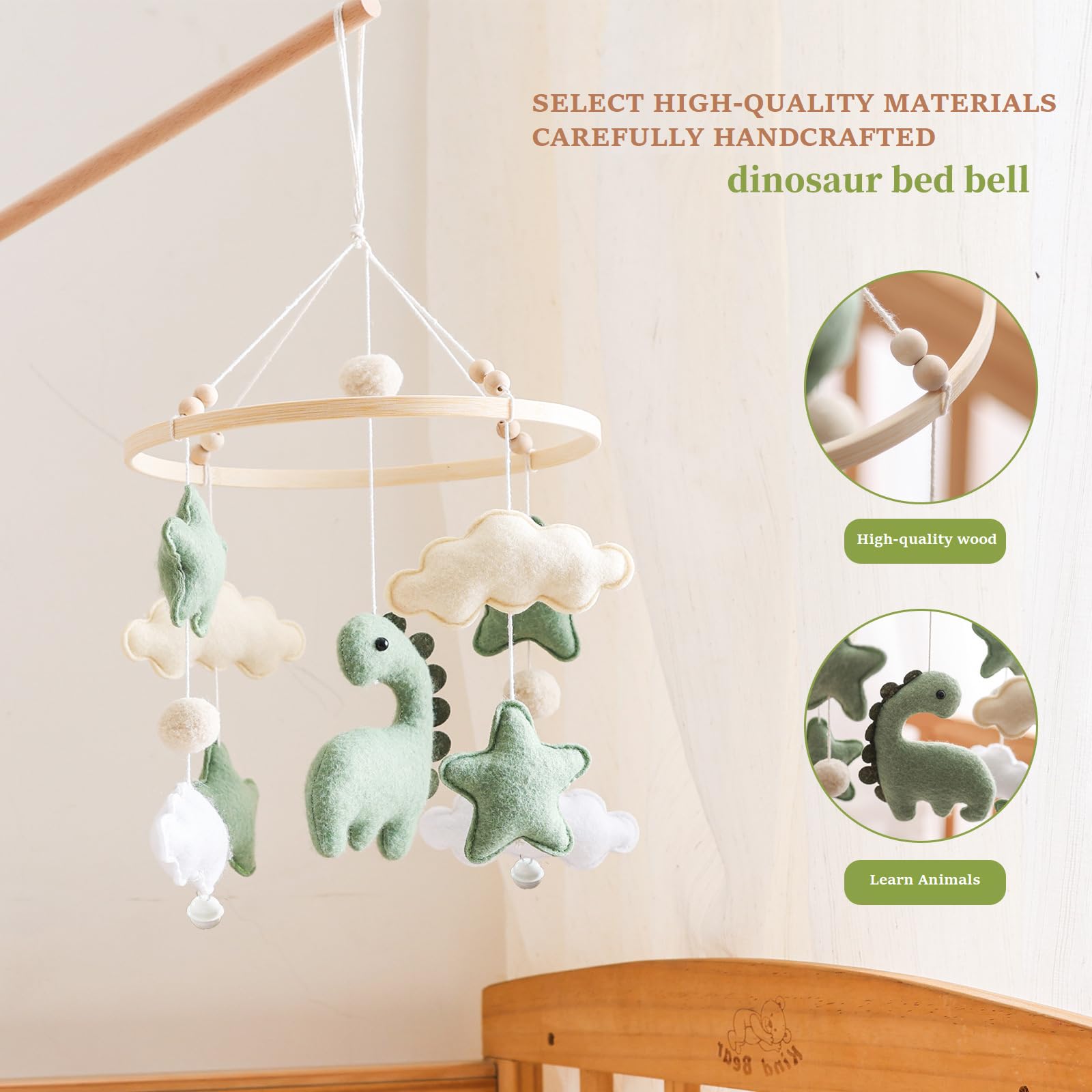 Ceecolia dinosaur-clouds-mobile highlights wood frame for sturdy visual focus.