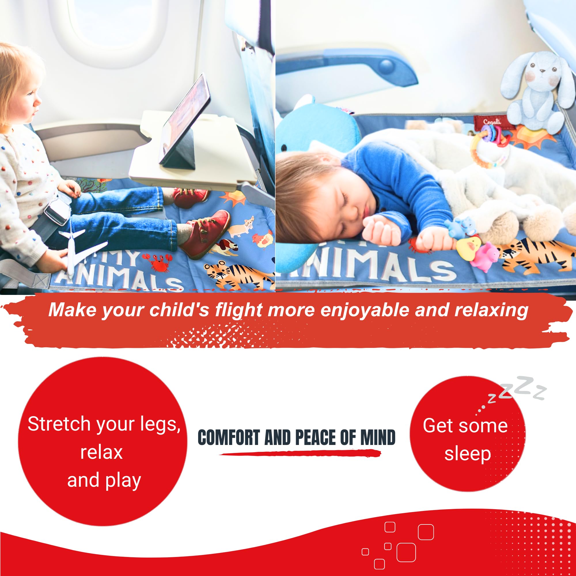 Cegali airplane seat extender adjustable-straps demonstrates secure fitting for in-flight use.