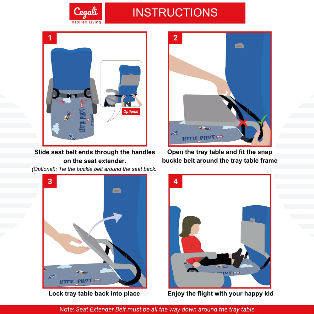 Cegali airplane seat extender foot-hammock showcases extra leg support for nap time on board.