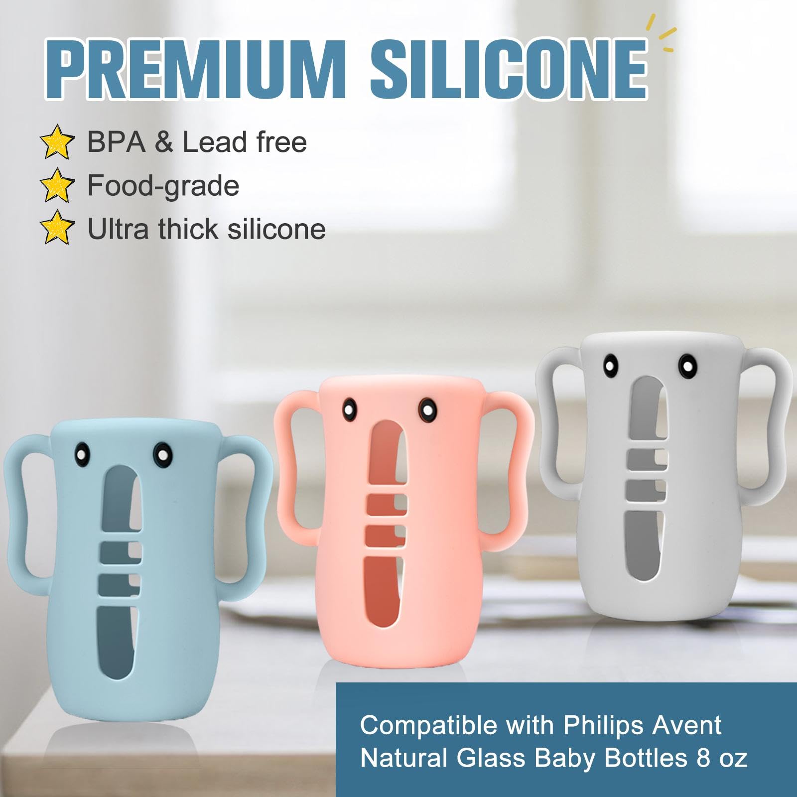 Cegzer sleeve with handle on Avent bottle provides drop protection and cushioned grip during feeding