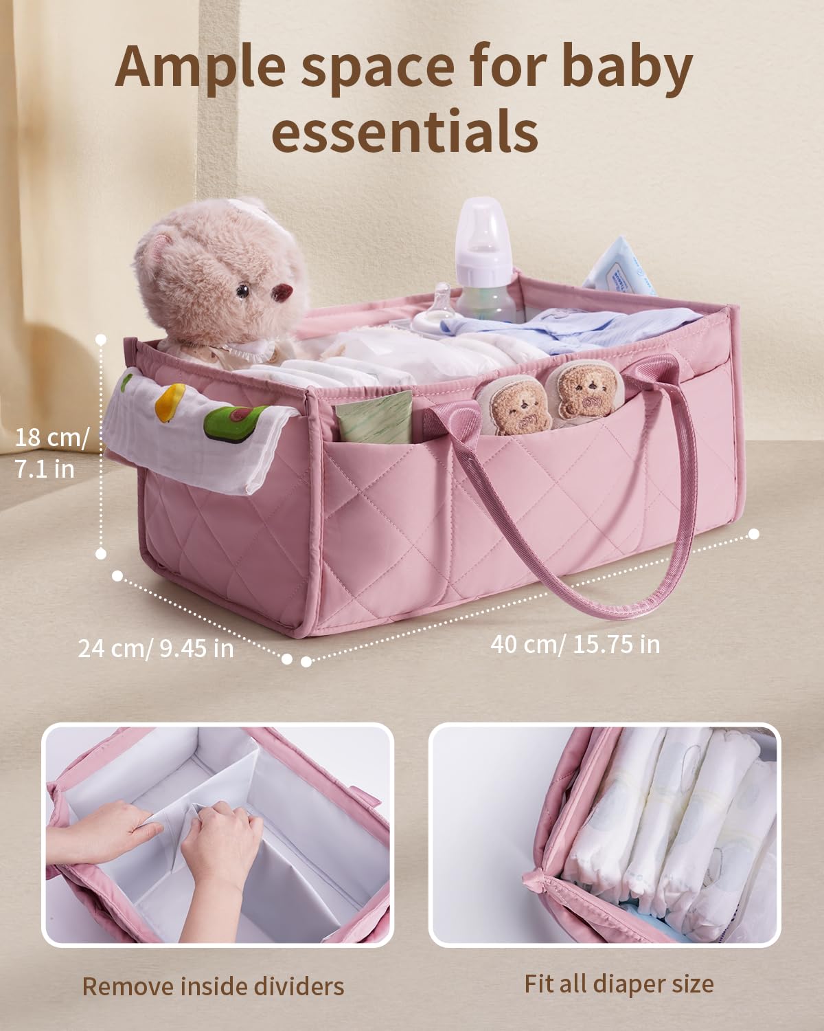 CEI-CEI diaper caddy external pockets shown for quick access to wipes and pacifiers
