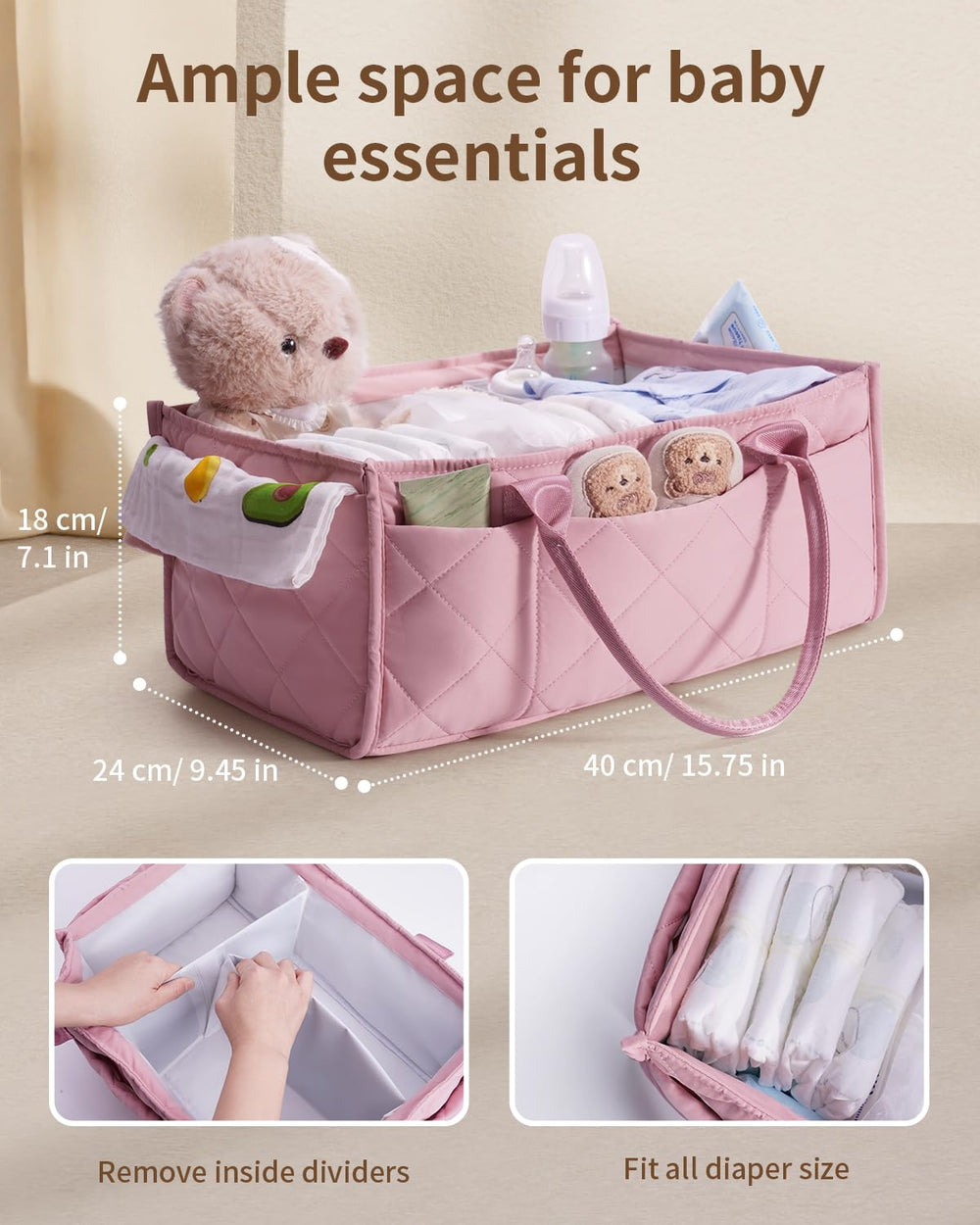 CEI-CEI diaper caddy external pockets shown for quick access to wipes and pacifiers