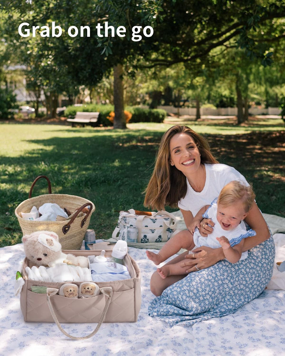 Portable diaper organizer ideal for crib side, changing table, or living room.