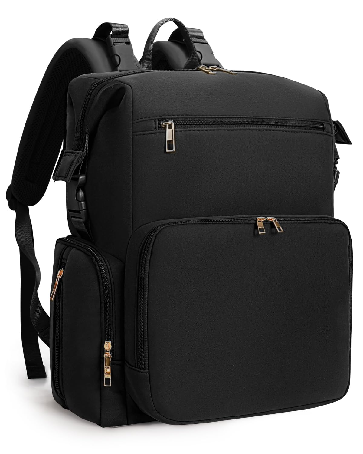 CEI-CEI neoprene diaper bag backpack in black front view shows spacious main compartment for baby essentials