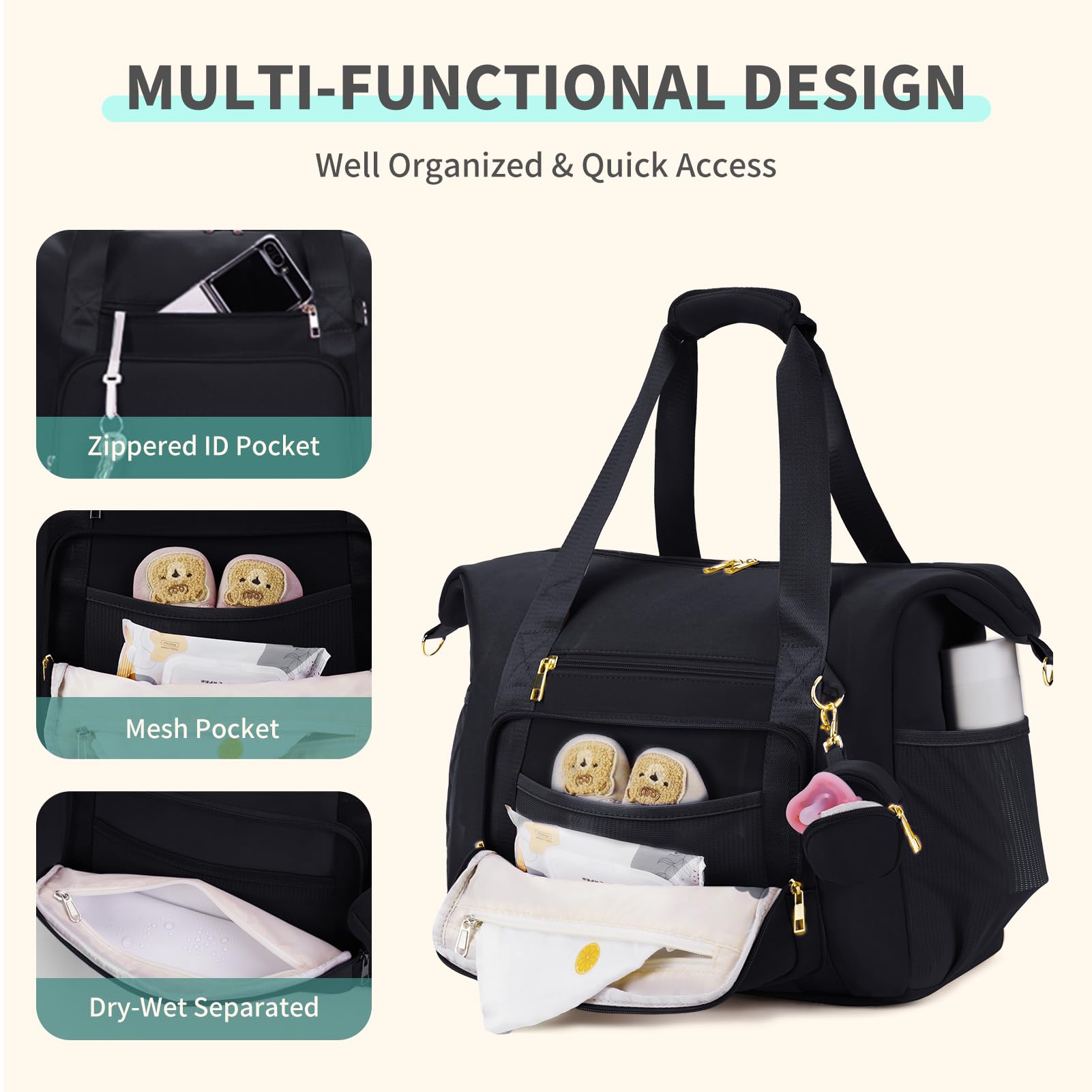 CEI-CEI neoprene diaper bag tote interior layout with multiple pockets.
