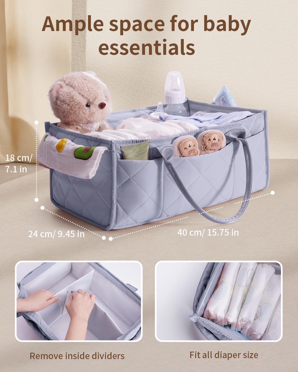 CEI-CEI diaper caddy with durable waterproof liner protects contents during spills.
