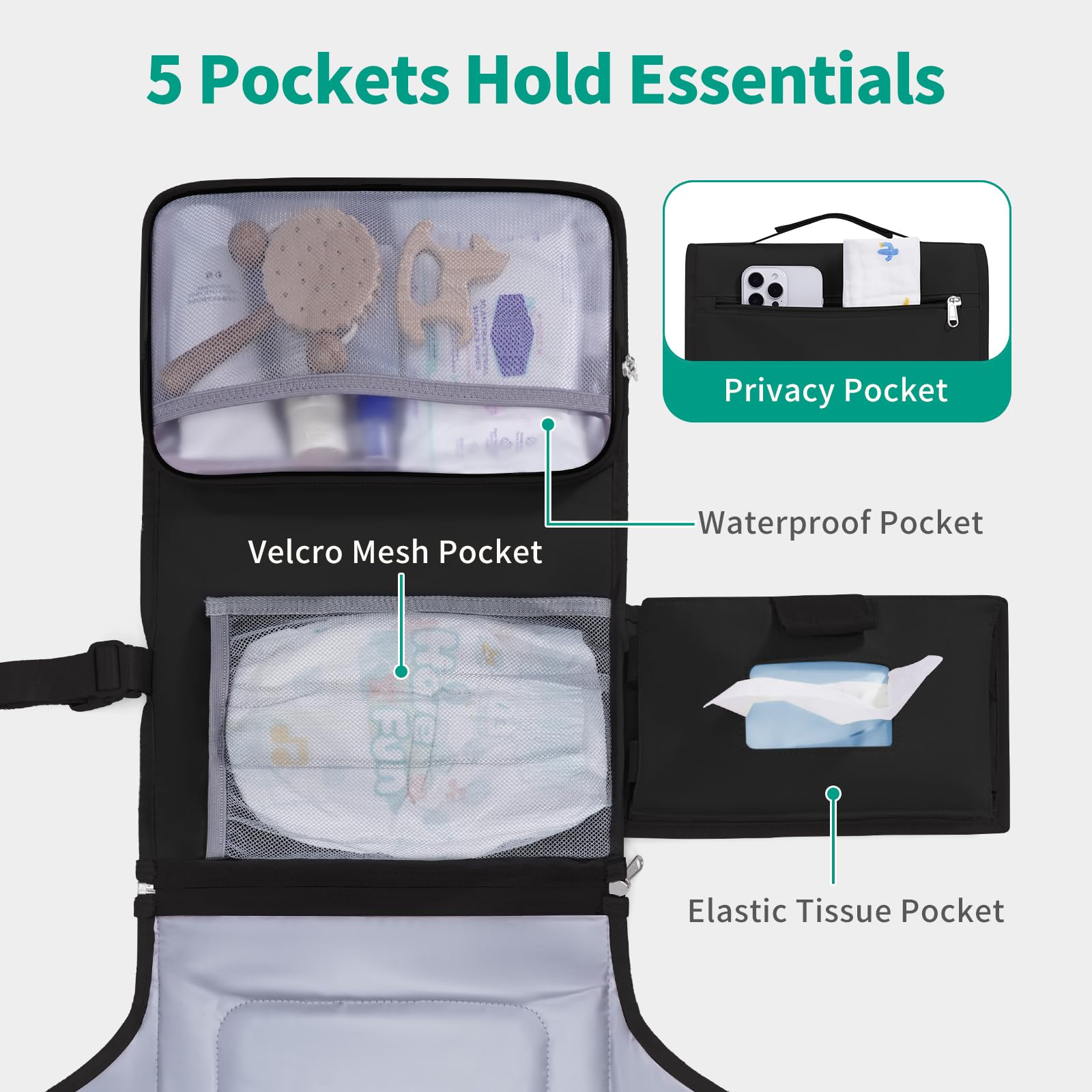 CEICEI diaper-changing-pad open with wipes pockets demonstrates organized setup for quick changes.