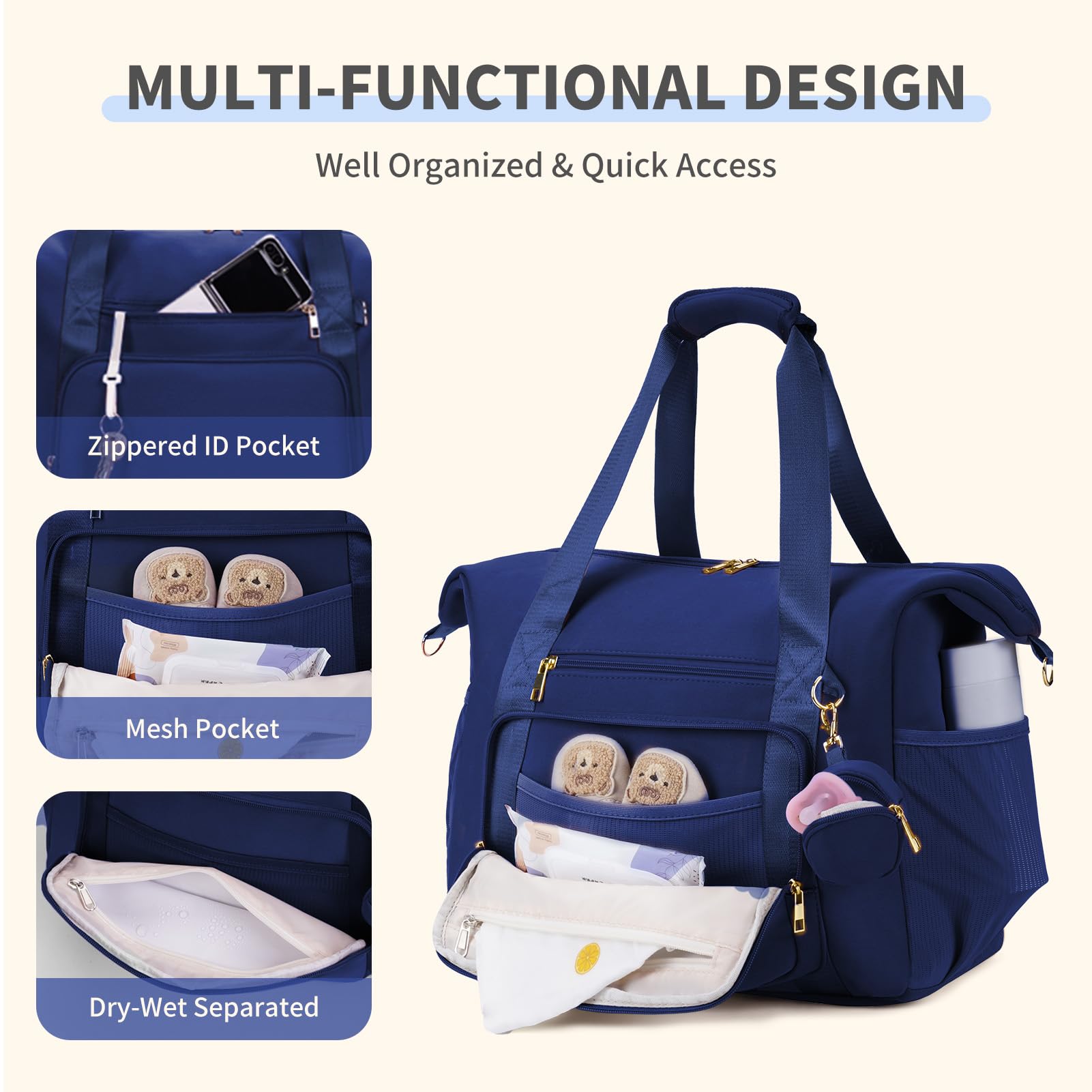 CEI-CEI neoprene diaper bag tote includes a portable changing pad for on-site diapering.