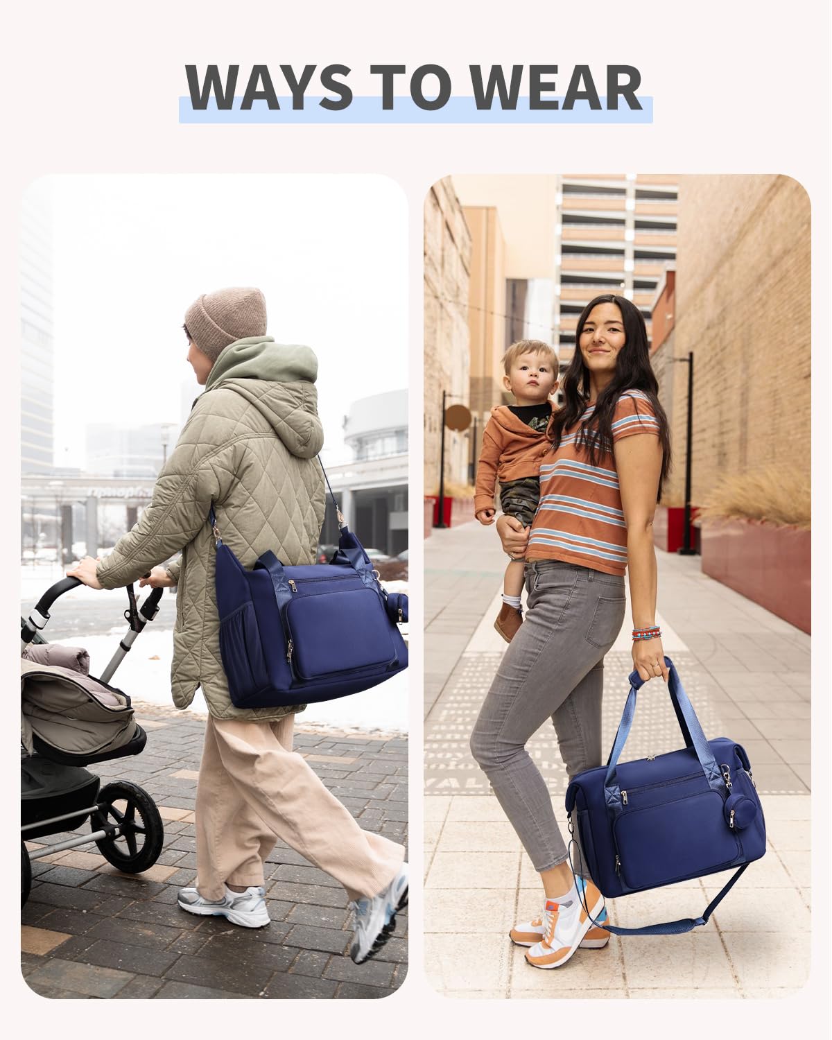 CEI-CEI diaper bag tote features a wet/dry compartment for quick organization on the go.