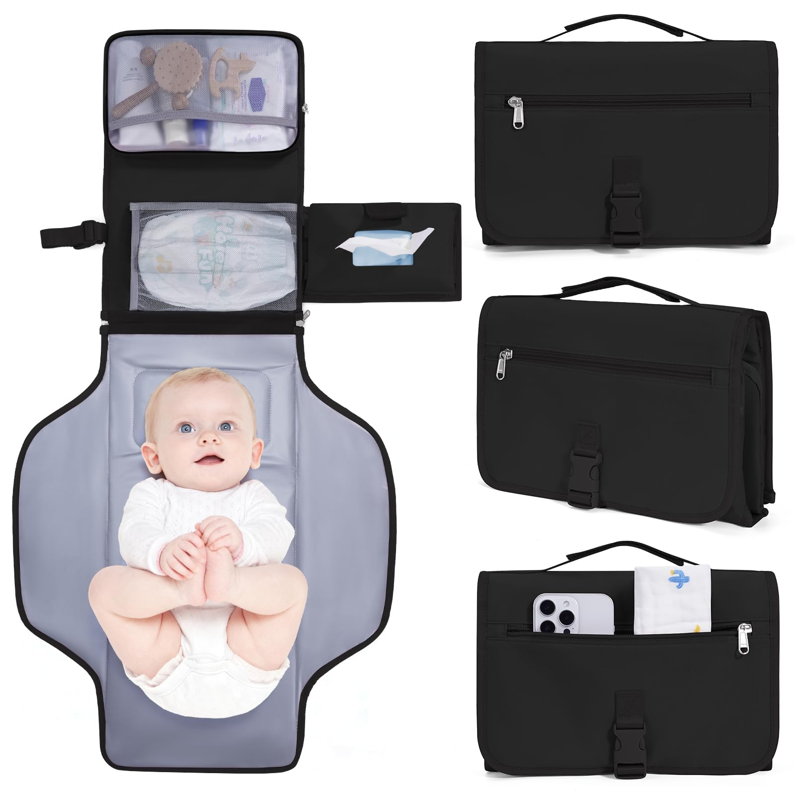 CEICEI portable diaper-changing-pad folded in black shows compact travel-ready design for on-the-go parents.