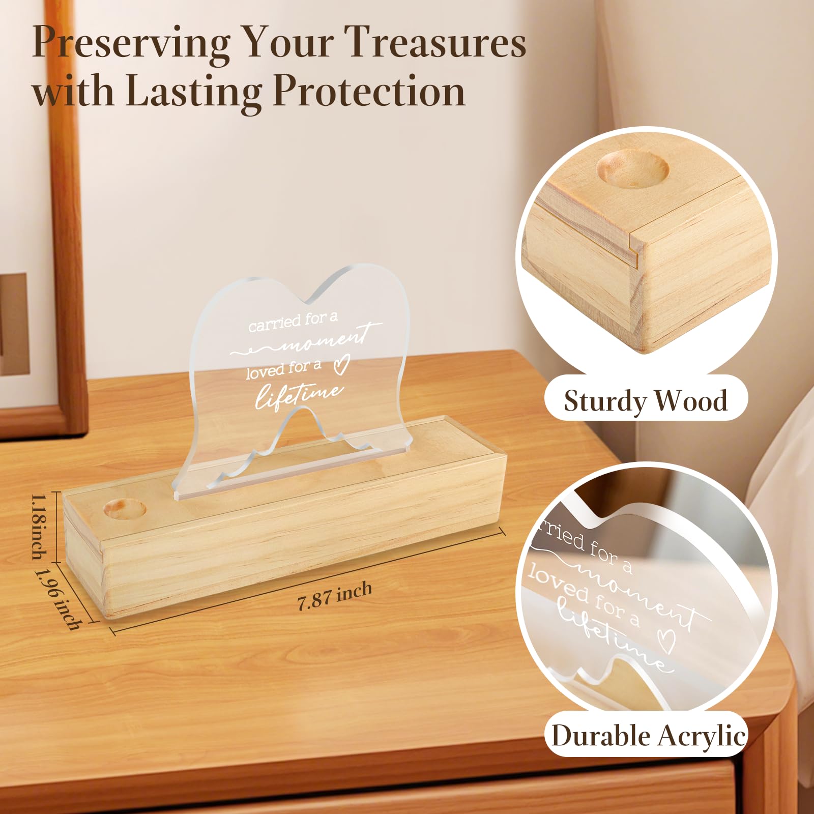 Ceiner wooden keepsake holds pregnancy test strips and tokens.